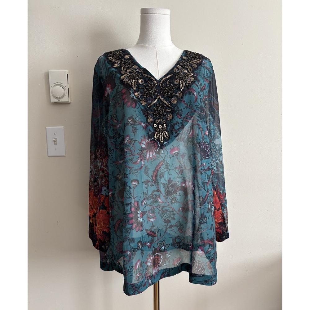 Soft Surroundings Womens XL Tunic Top Beaded Floral Bohemian Hippie Teal Orange